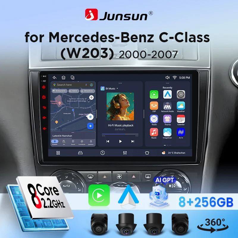 Radio de coche Junsun con CarPlay inalámbrico y Android Auto para Mercedes-Benz Clase C (W203) 2000-2007, con ventilador de refrigeración integrado, navegación GPS Android, reproductor multimedia, WiFi, DSP, RDS, BT, SWC, pantalla táctil IPS, unidad principal de autorradio estéreo. 1
