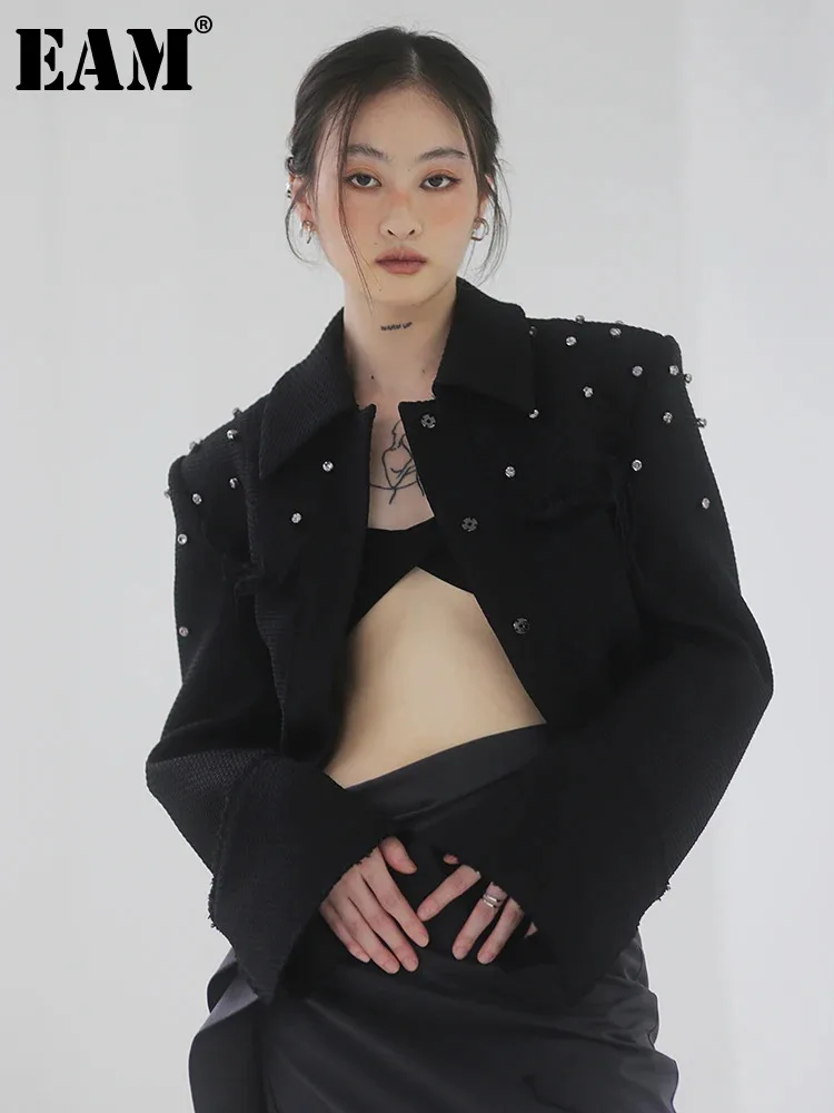 

[EAM] Women Blazer Rhinestones Shining Tassels Elegant New Lapel Long Sleeve Loose Fit Jacket Fashion Tide Spring Autumn 2024