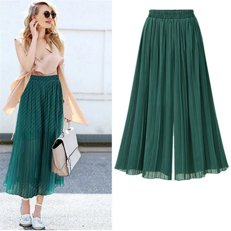 design fake 2 piece chiffon ankle skirts pants women summer pleated elastic draw string high waist trousers korea fashion street New 2023 Ankle-Length Chiffon Pleated Culotte Pants Casual Elastic High Waist Wide Leg Pantalones Baggy Womens Elegant Trousers