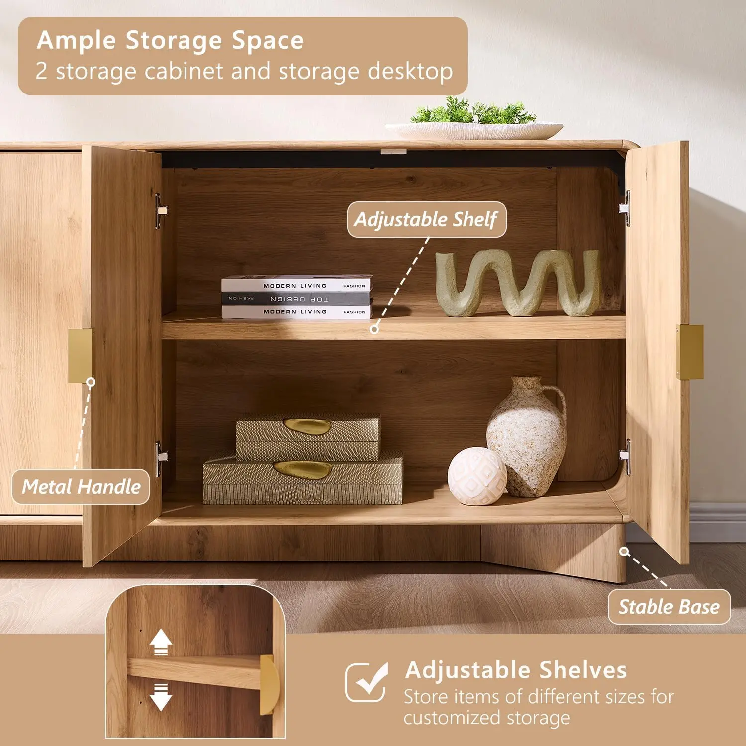 Modern Buffet Cabinet with Storage, 70" Large Sideboard Buffet Storage Cabinet with 4 Doors and Adjustable Shleves, Wooden Curve