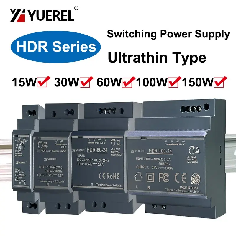 Ultrathin Switching Power Supply HDR 15W 30W 60W 100W 150W 12V 24V ประเภทรางหม้อแปลงไฟฟ้า 1