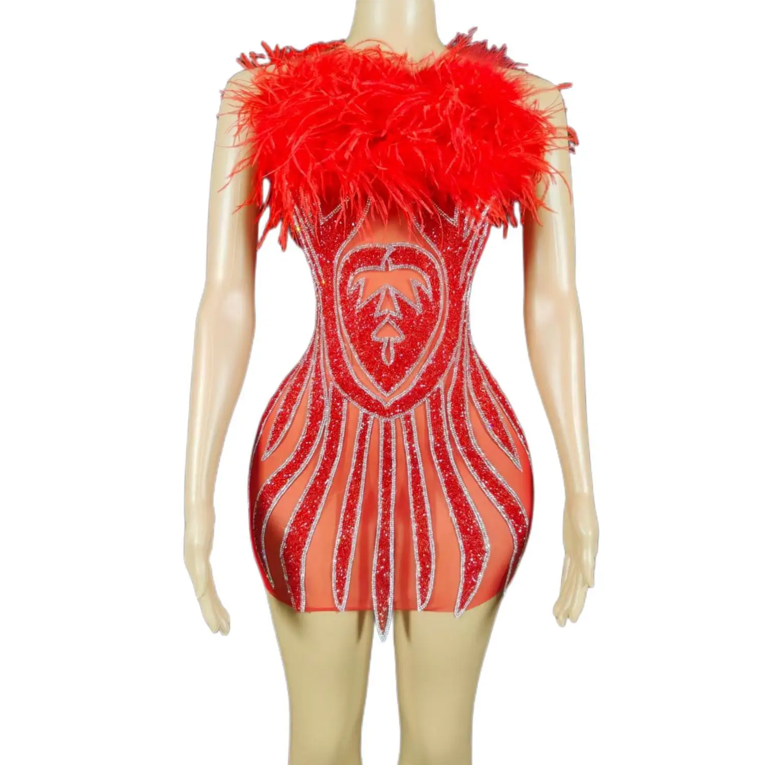 

Soiree Femme Shiny Diamonds Sequins Ouftit Sexy Tube Top Mini Feathers Red Dresses Women Lady Elegant Dresses for Evening Lujiao