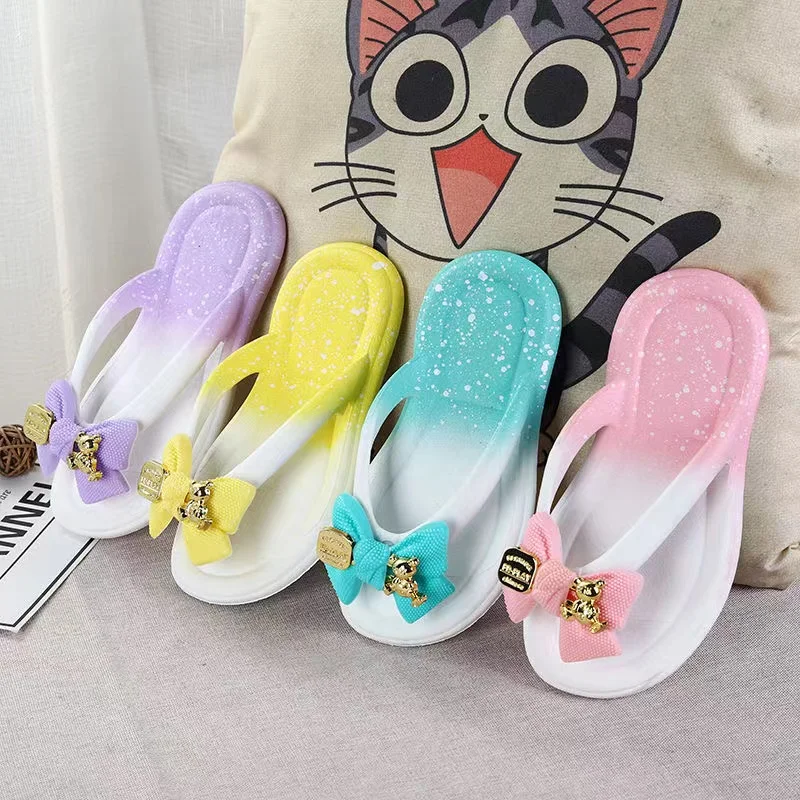 2024 Summer Baby Girls Slippers Children PVC Cartoon Bow Bear Print Flips Flops Beachwear Outdoor Non-slip Kids Shoes Size 24-35 3
