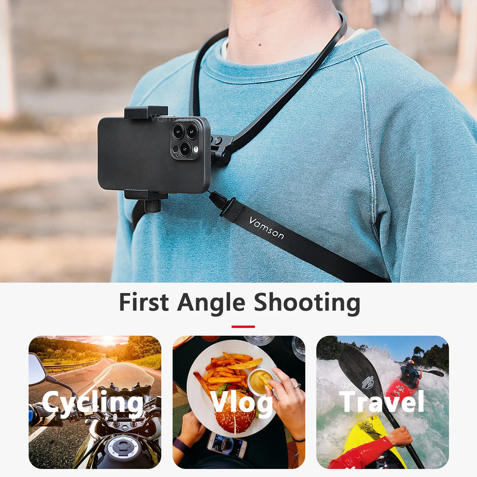 Vamson Anti-shake Neck Hold Mount for iPhone 14 13 Xiaomi Huawei Samsung Cellphone Smartphone Running Cycling Record Vlog Video