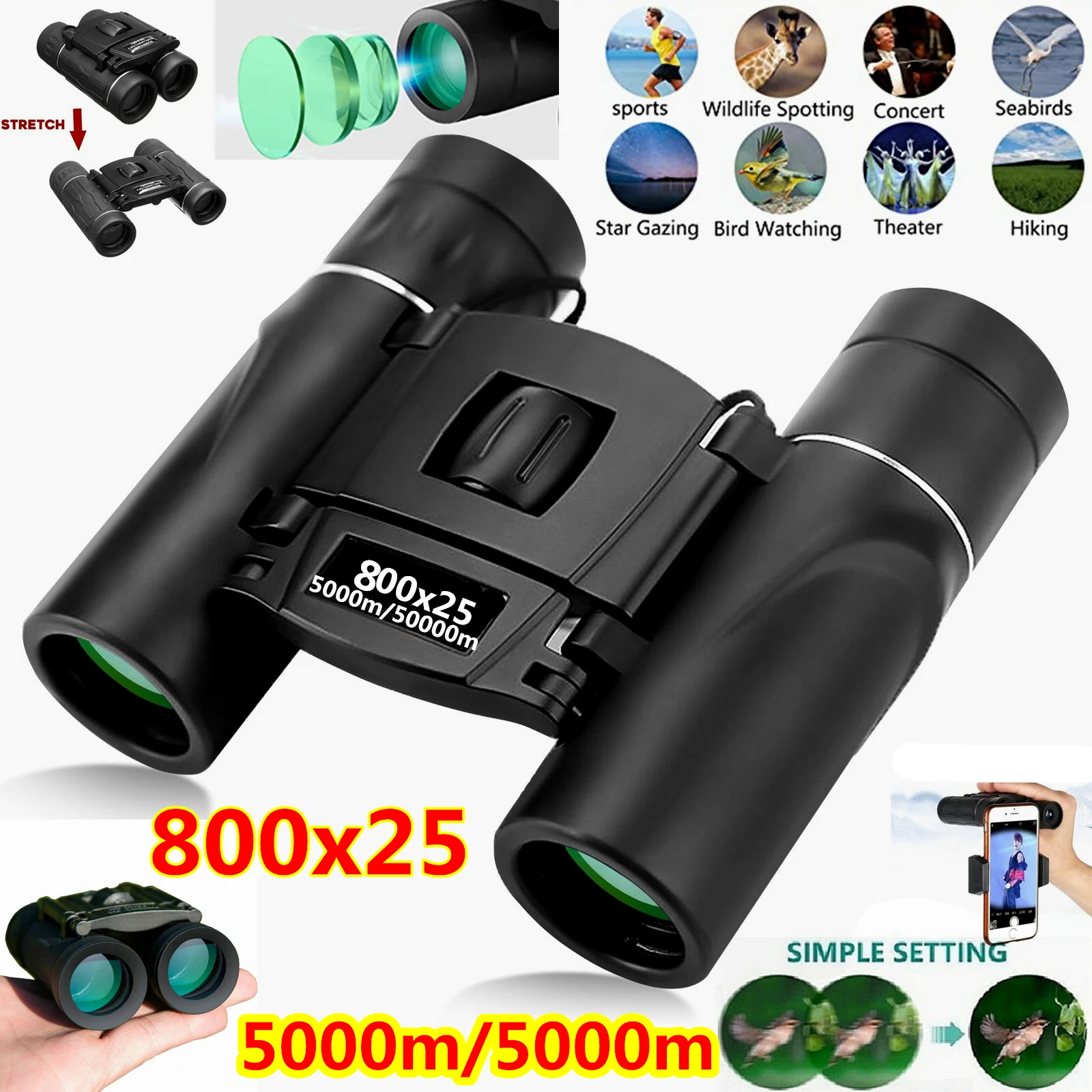 Binoculars Telescope 800X25 HD Powerful 5000m/50000m Long Range Folding