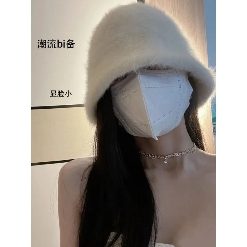 Rabbit Hair Fisherman Hat for Women Autumn-winter Basin Hat Head Round Plush Senior Sense Face Small White Bucket Hat for Women