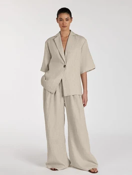 Marthaqiqi Casual Women Pajama 2 Piece Set Half Sleeve Nightgown Sexy Turn-Down Collar Nightwear Pants Loose Ladies Home Clothes