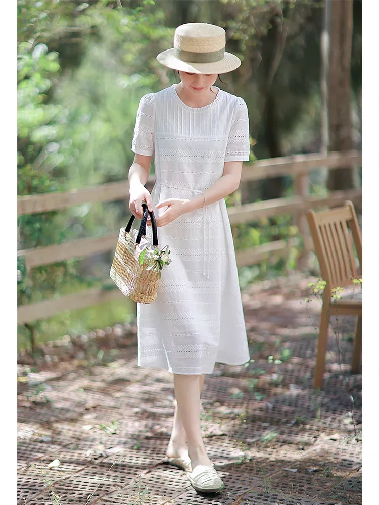 White Cotton Summer Dress Women Elegant Hollow Out Embroidery O-neck Short Sleeve Slim Waist Casual Dresses Vestidos Robe Femme 3
