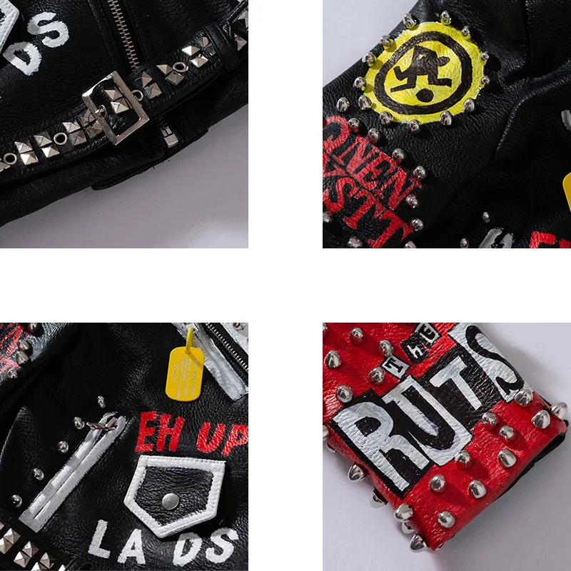 Punk Rivets Motorcycle Leather Jacket Women 2024 Trend Slim-fit Streetwear Graffiti Print Faux Leather Cropped Jacket