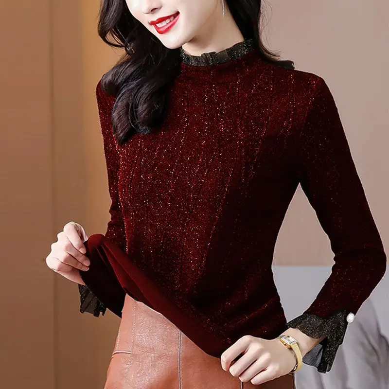 

Woman Solid Half-Collar Fleece-Lined Mesh Long Sleeve Shirt Female Winter Slim Wild Bottoming Ladies Elastic Tops G683