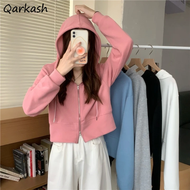 

With Hat Hoodies Women Leisure Loose Solid Mujer Gentle Ulzzang Simple Hot Sale Daliy Zipper College Korean Fashion All-match