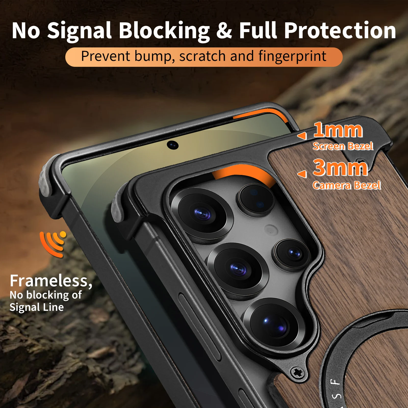 Eary for Samsung Galaxy S25 S24 Ultra Wood Case Magnetic With 360° Rotatable Stand Magsafe Frameless Shockproof Protector Cover