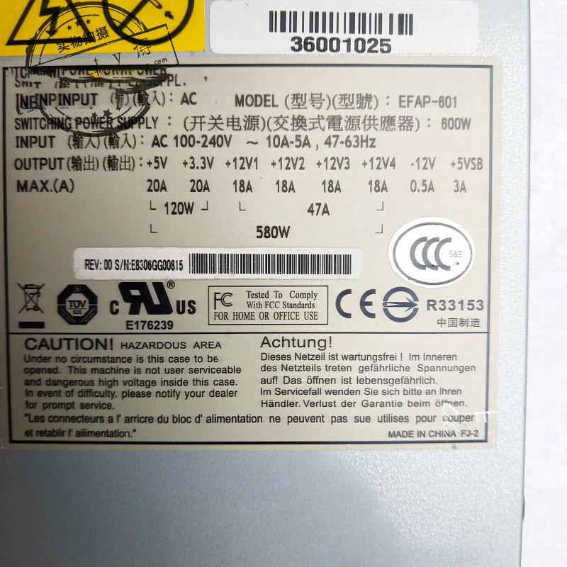 Серверный блок питания для Lenovo R510 G6 EFAP-601 36001025 600W 100% тест перед отправкой
