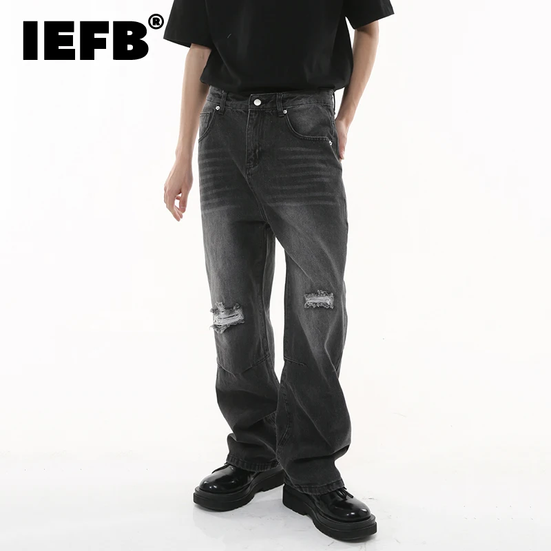 

IEFB Men's Broken Hole Jeans Tide Korean Style Straight Tube Baggy Denim Pants Street Distressed Wide Leg Jean Trousers 9C2316