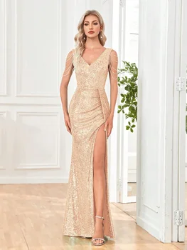 فساتين سهرة أنيقة على شكل حرف v ترتر طويلة 2025 فستان رسمي فاخر للنساء لحفلات الزفاف وحفلات التخرج مطرز بالخرز