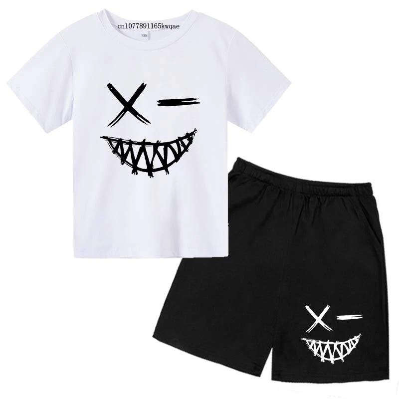Kids Summer New Smiling Face Print 2pcs Breathable Tees + Shorts Sportsuits 2-13 Years Boys Girls Streetwear Outfits Children Sets