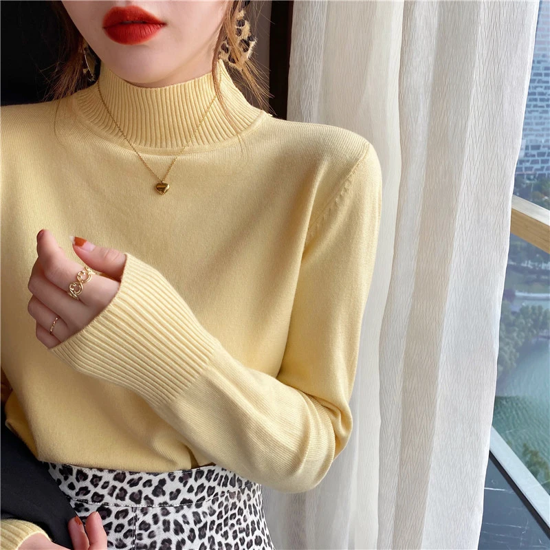 New Semi-turtleneck Women's Sweater Fashion Autumn and Winter Women's Clothing Long-sleeved Casual Knitwear Solid Color Jumper