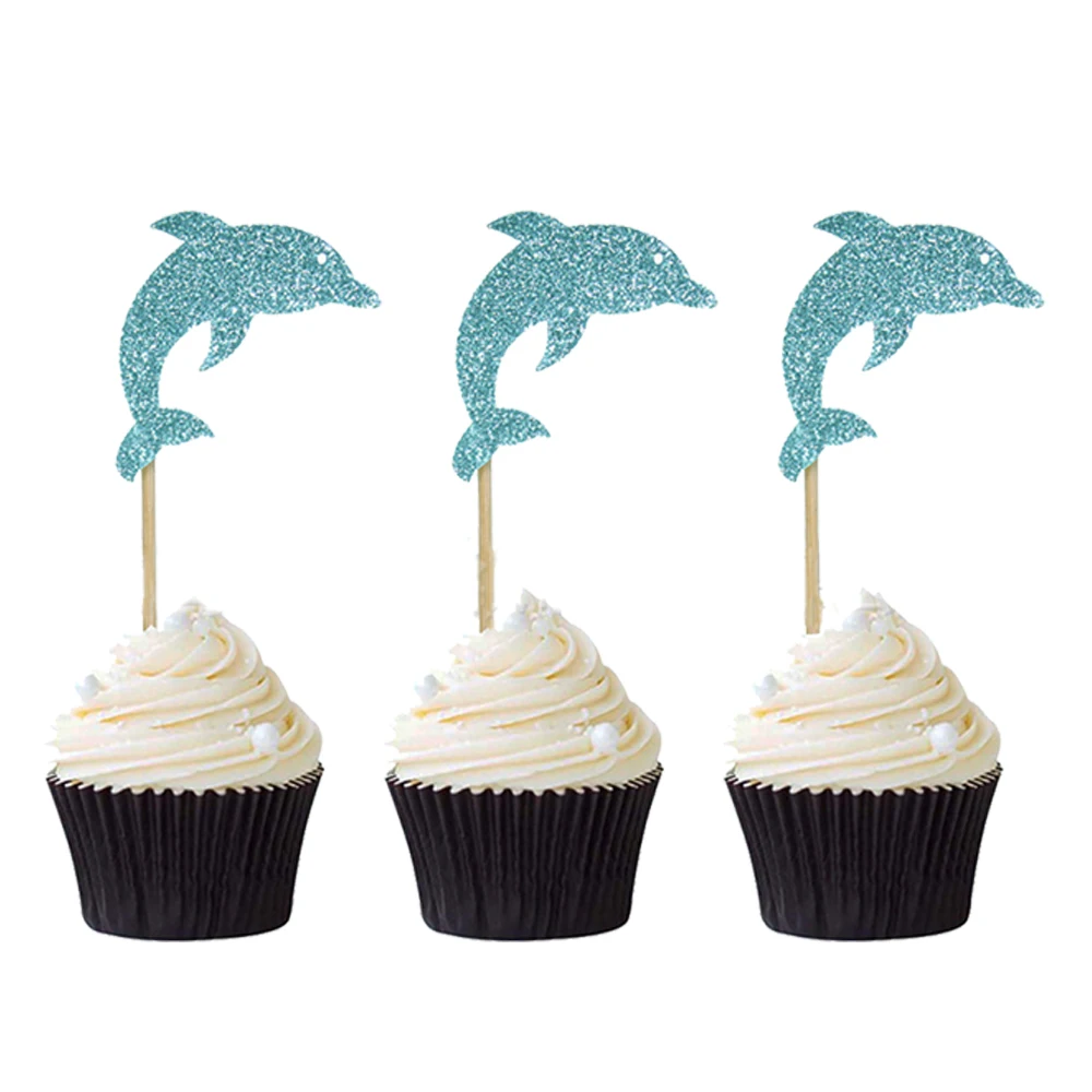 

Blue Glitter Dolphin Cupcake Toppers Baby Shower Birthday Under the Sea Theme Party Decorations Boy Girl Birthday Cake Toppers