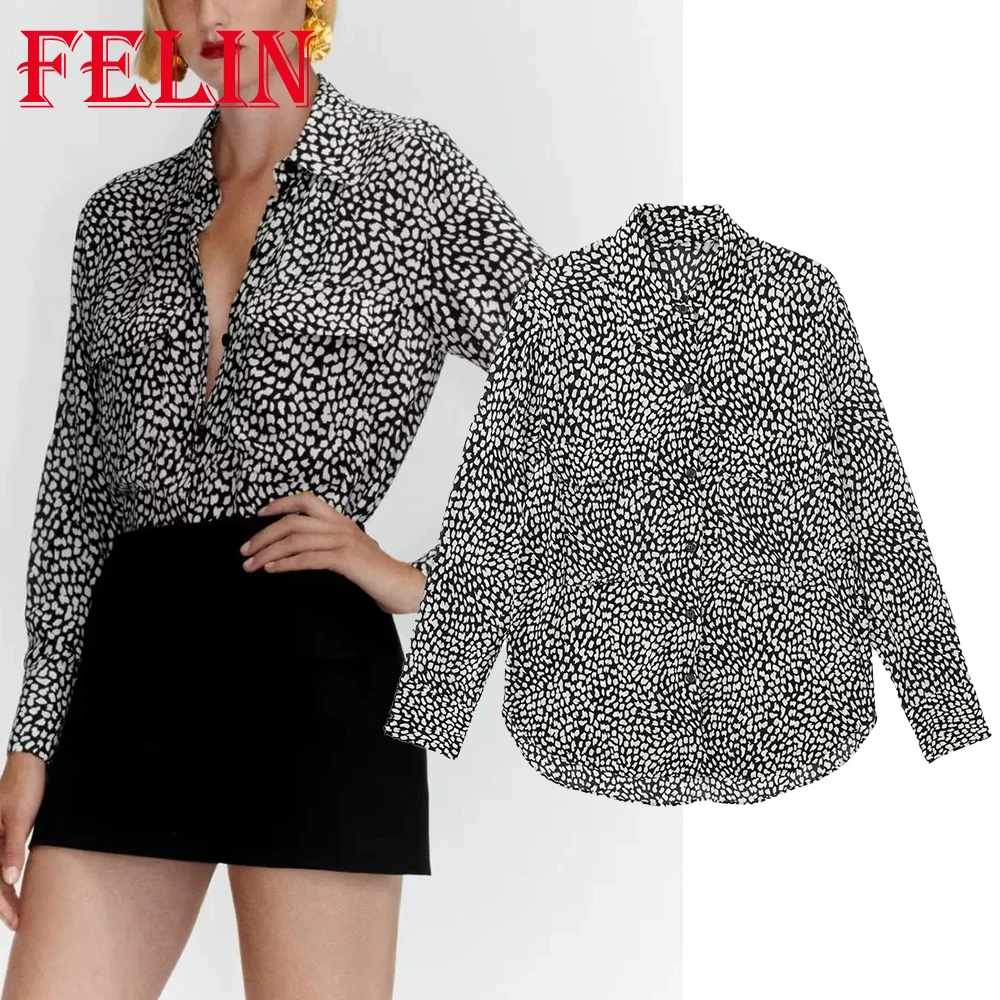 

TRAF ZAZB Vintage Leopard Print Loose Women Shirts Single Button Office Lady Fashion 2022 Blouses Long Sleeve Office Wear Tops
