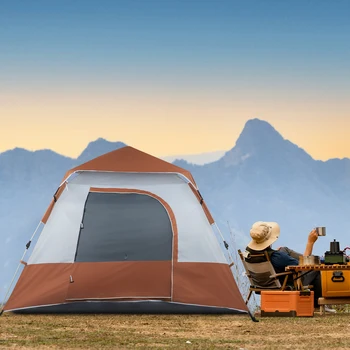 240*240*150cm Spring Quick Opening Four-Person Family Tent Camping Tent Brown 1