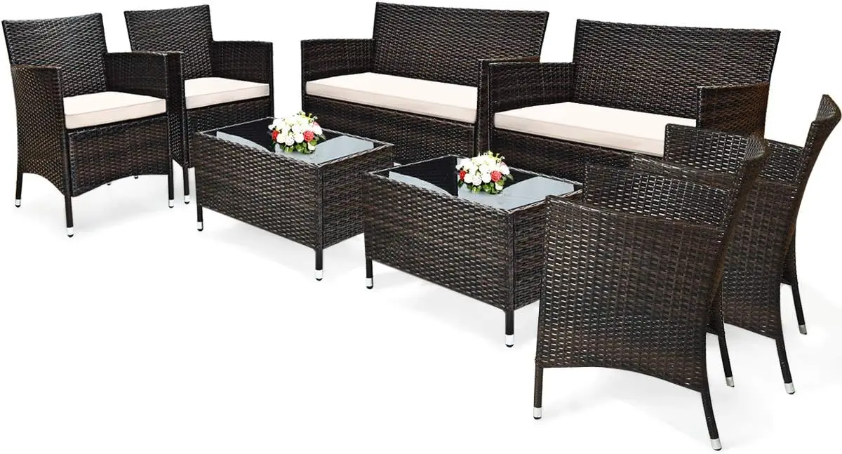 

8PCS Patio Rattan Conversation Set, Outdoor Wicker Set with Tempered Glass Coffee Table &Thick Cushion, Rattan Chair Wicker Set