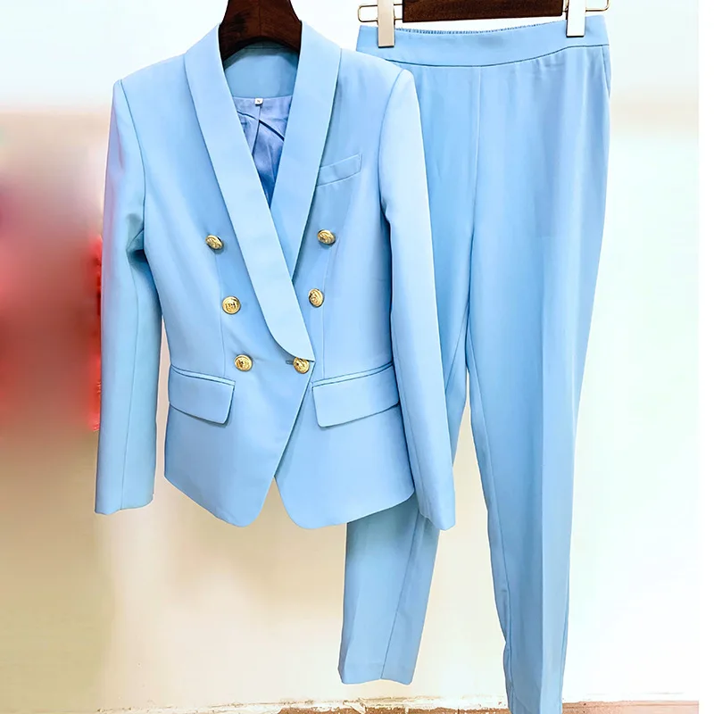 Tesco Office Suit Sets For Women Double Breasted Shawl Collar Blazer Pants Yellow Blue Female Suit 2 Piece For Party Wear