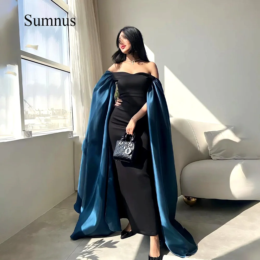 

Sumnus Black Mermaid Saudi Arabia Evening Dresses Cape Sleeve Off Shoulder Dubai Wedding Party Dress Long Arabic Formal Gowns