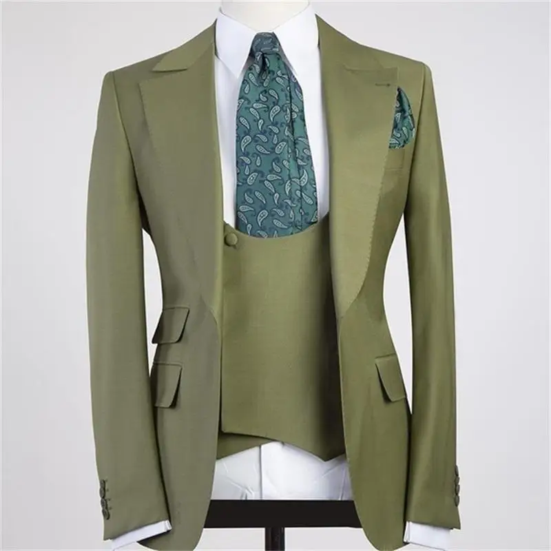 

Elegant Green Formal Men's Suits Terno Blazer Peaked Lapel Single Breasted Three Piece Jacket Pants Vest Formal Occasion Hombres