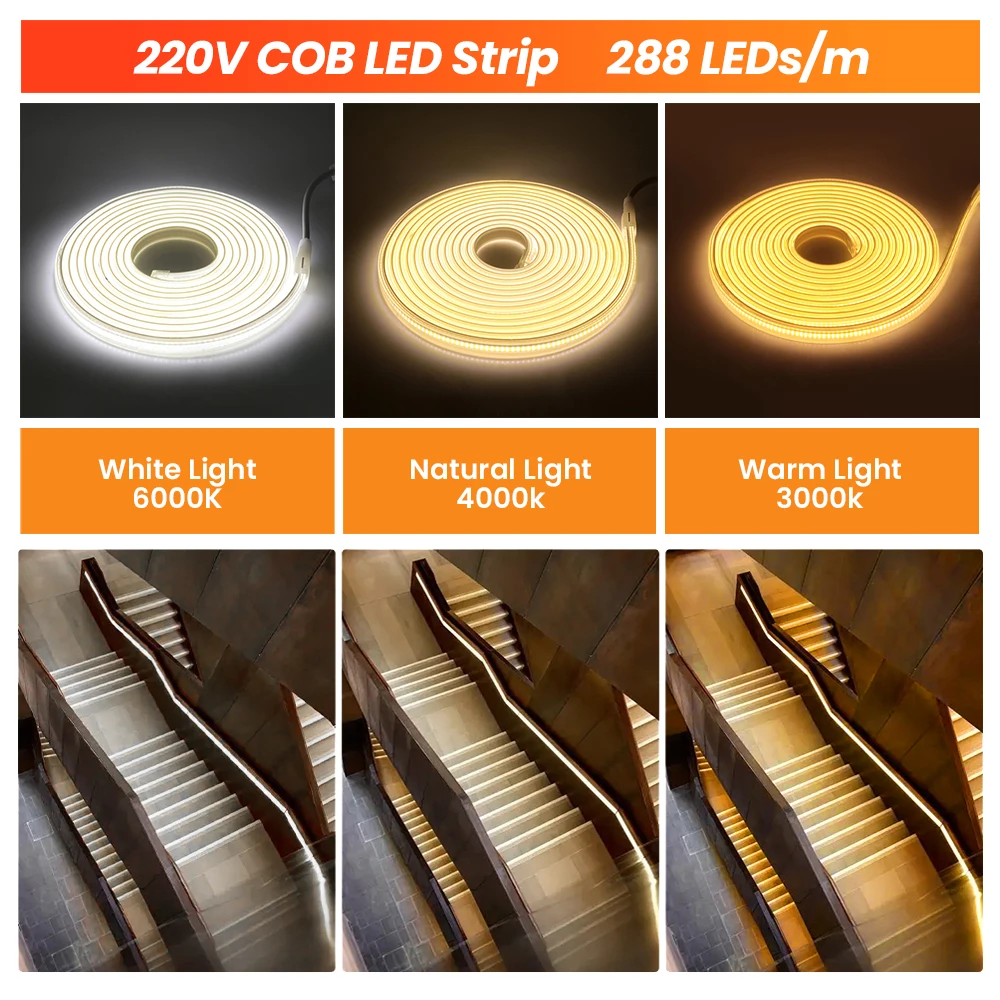 Description Picture 2 of itemDimmable COB LED Strip Light 220V 110V Super Bright Flexible COB Light with Switch Plug 288Leds/m Waterproof Outdoor LED Ribbon