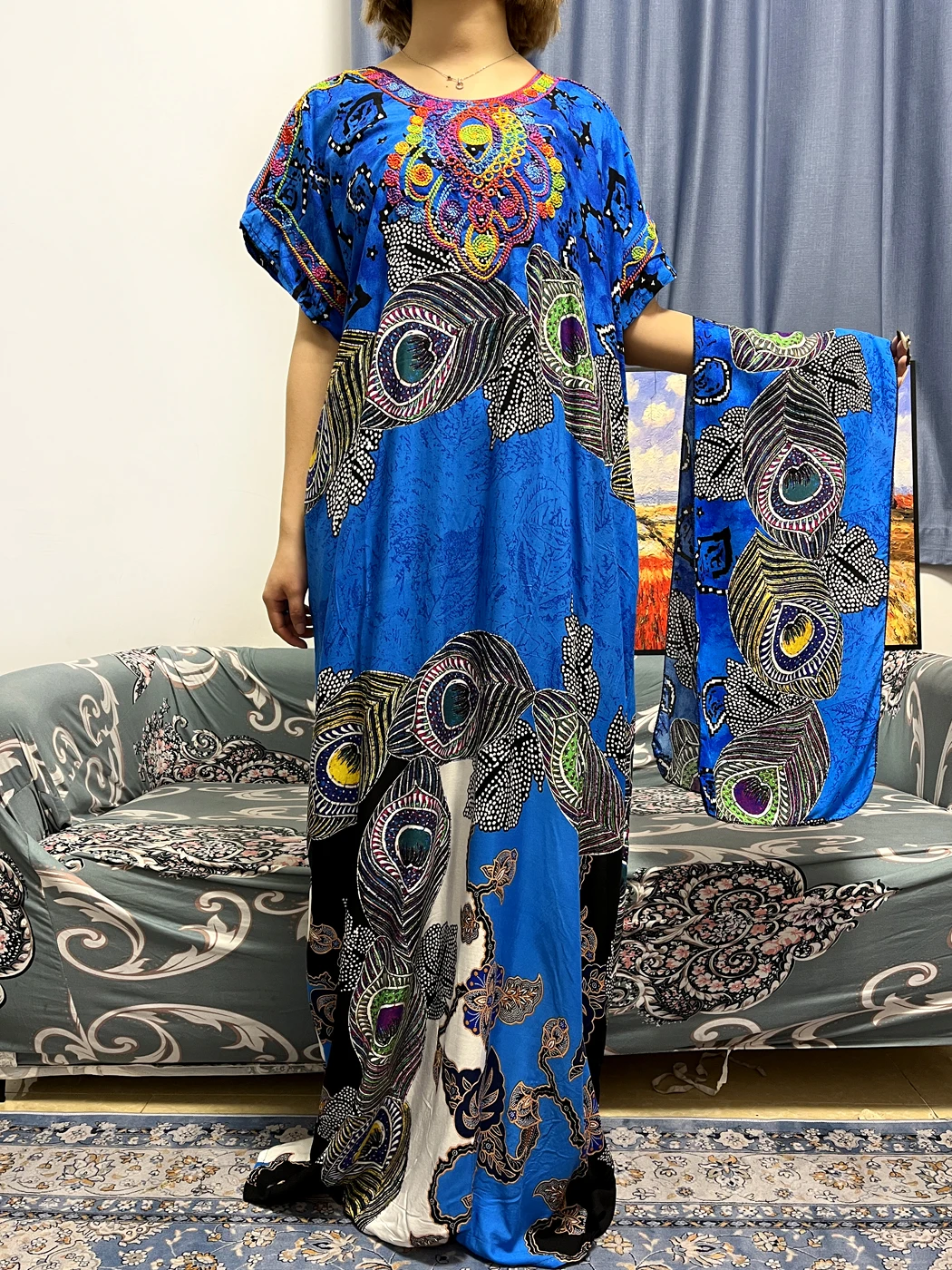 African Cotton Abayas For Women New Print Floral Round Neck Short Sleeve Muslim Novelty Loose Clothes Nigerian With Headscarf