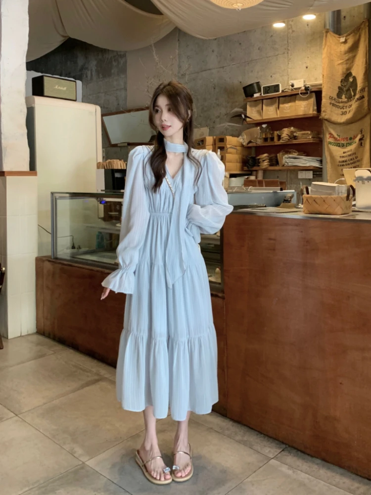 Elegant Autumn Midi Dresses for Women V-neck Flare Sleeves A-line Solid Korean Fashion Casual French Vintage Vestidos Mujer New