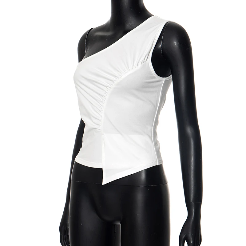 Camisetas de tirantes de verano para mujer, blusa camisola ajustada de color liso sin mangas con un solo hombro, ropa estética