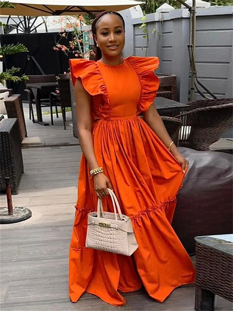 Wmstar Dresses for Women Elegant Leaf Sleeve Solid Casual Party Long Swing Dress New Summer Clothes Wholesale Dropshipping 2024