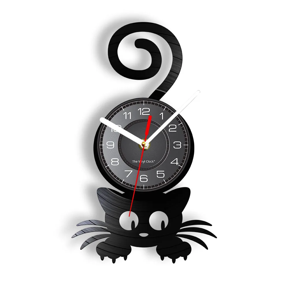 Cat Wall Clock Kitty Silhouette Cats Meow Wall Art Vinyl Record Clock Home Decor 