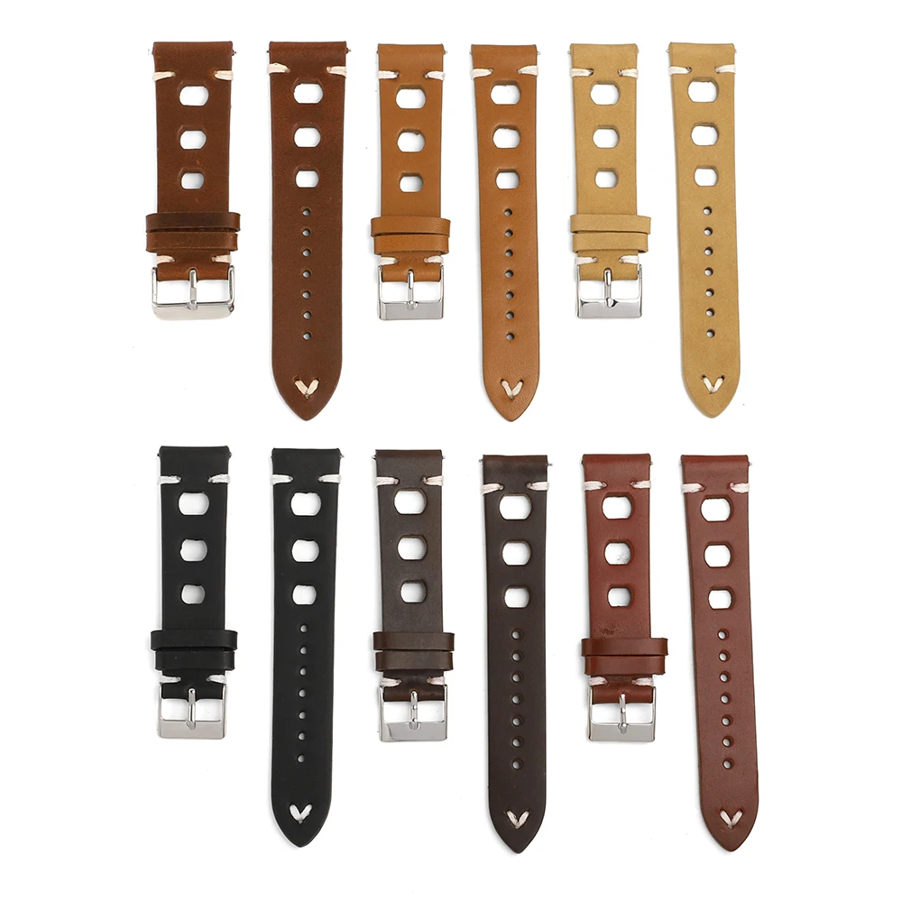 Vintage Genuine Leather Racing Watch Band with Quick Release and Breathable Design, Handmade Stitching