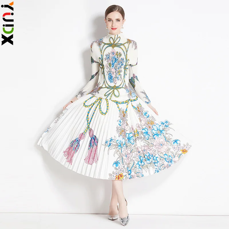 

YUDX Miyake Pleated Set Women's Long Sleeve Printed T-shirt Half Skirt Fashion Style Two Piece Set 2024 Autumn Winter New