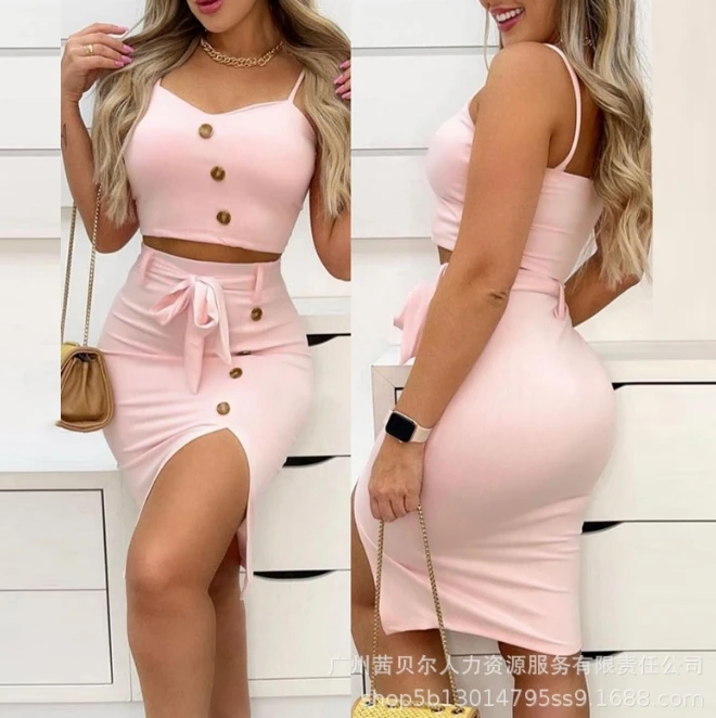 

Sexy Womens Two Piece Sets Outfit Spaghetti Straps Buttoned Camisole Vest Top & Lace Up High Waist Split Bodycon Midi Skirt