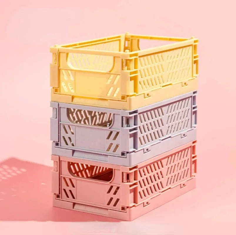 Medium Folding Plastic Storage Bins Stackable Basket Tray with Handles for Shelves Grocery Kitchen Bedroom Desktop Organizer 1