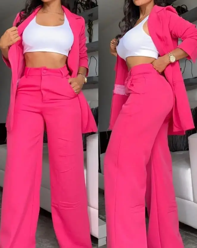 Ladies Blazer Set Two Piece Women Autumn Long Sleeve Notched Collar Elegant Blazer Coat & Fashion Pocket Design Work Pants Set
