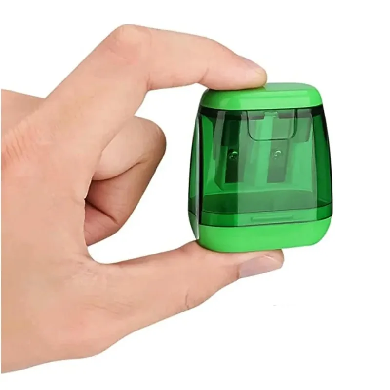 뚜껑과 부스러기통이 있는 4개의 이중 구멍 연필깎이, 컬러 연필용 휴대용 수동 연필깎이 세트.