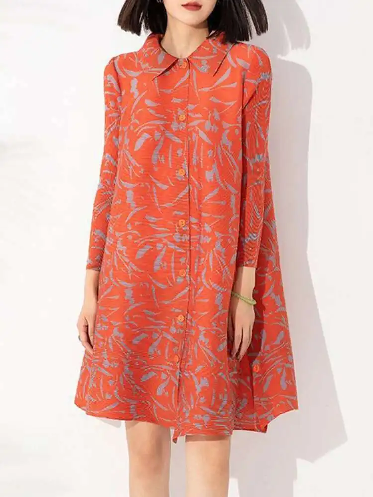 LANMREM Elegant Printing Pleated Dress Women Lapel Single Breasted Mid Length Dresses Fashion Party 2025 Spring New 2AA1888 - Image 2
