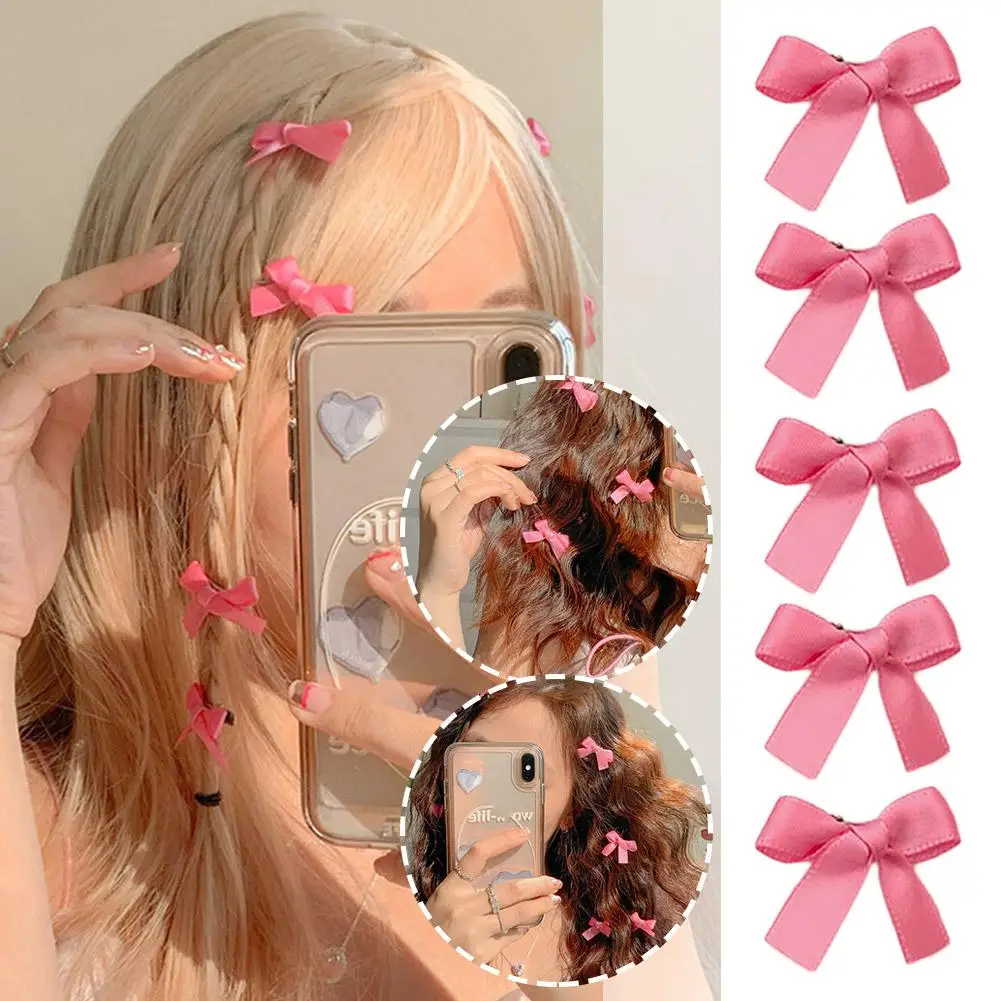 

5Pcs/Lot Girls Pink Ribbon Bow Hair Clips Cute Bowknot Hairpin Small Barrettes Snap Clip For Women Fashion Accessories