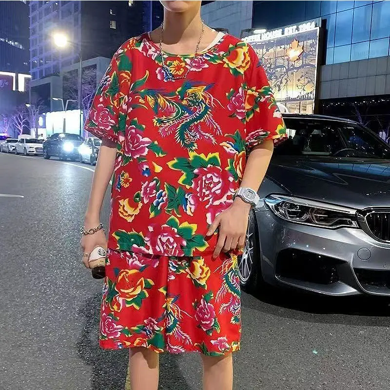 2024 Northeastern Large Floral Cloth Suit Short-sleeved Ethnic Funny Dance Costume Guochao Style Duo Funny Wushu Kungfu Clothes