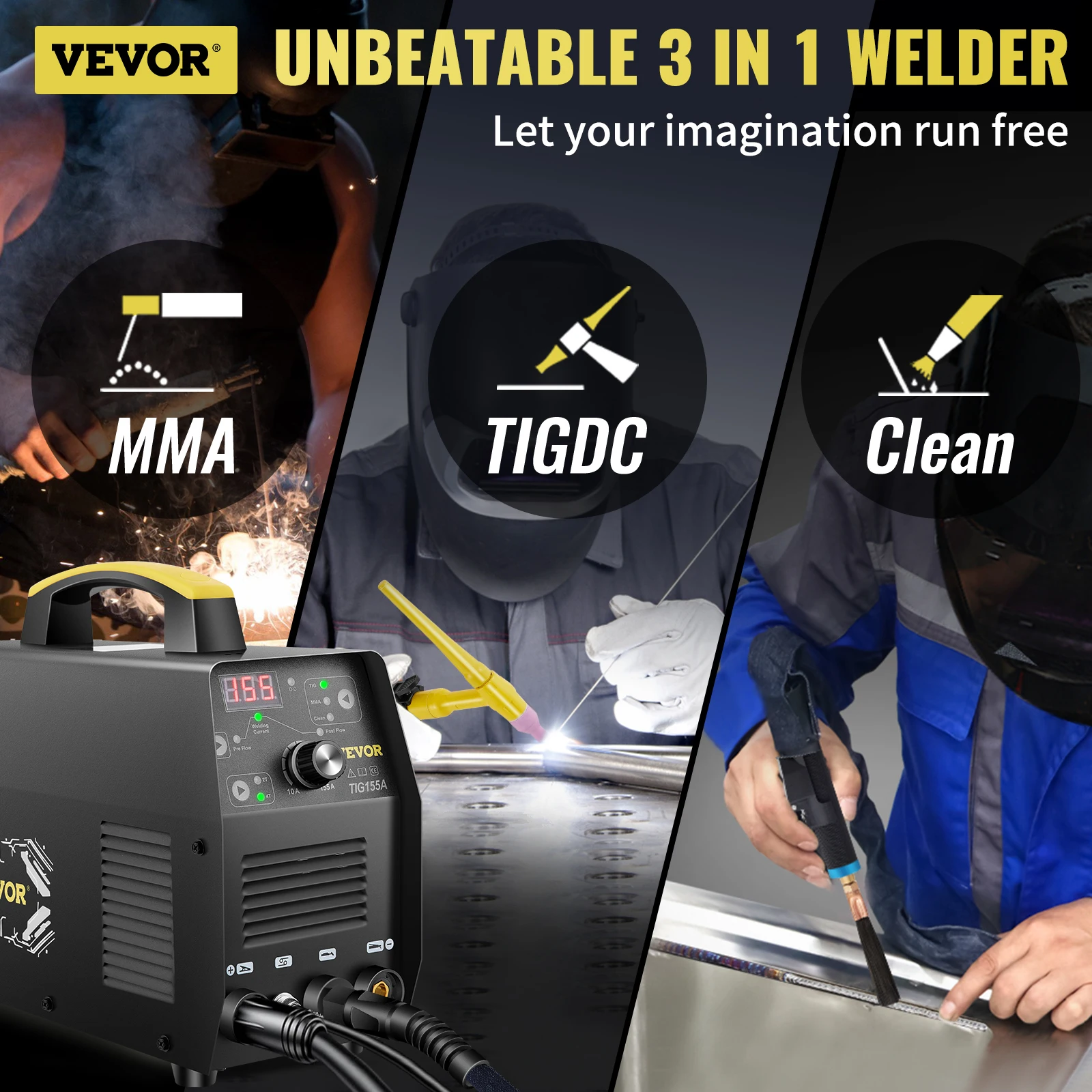 VEVOR 155A 3 in 1 TIG Welder AC110V 3 in 1 Multifunctional HF TIG ARC Clean IGBT Inverter Welding Machine with QQ150 Welding Gun 2