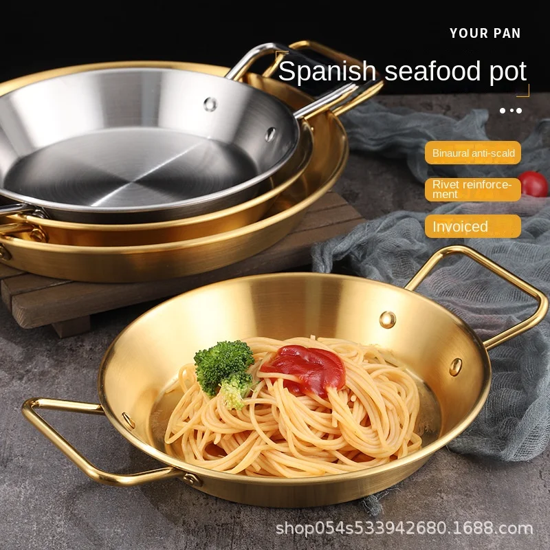 Stainless steel Spanish seafood rice pot Golden Korean Army Hotpot  Thickened commercial double ear frying pan Dry pot basin - AliExpress