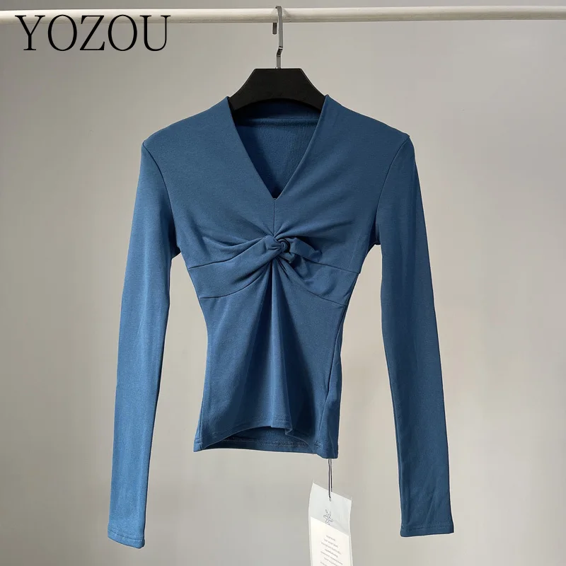 

[YOZOU] Spring Fleece Cotton Solid Slim Bodycon Colorful Long Sleeve Short Top Women Y2k Tee Tshirt Chic Korean Style Clothing