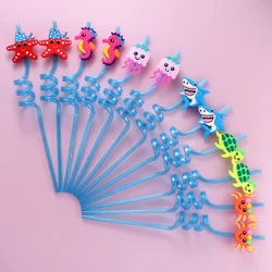 Set of 12 Reusable Spiral Straws with Adorable Marine Animal Caps - Perfect (Light blue)