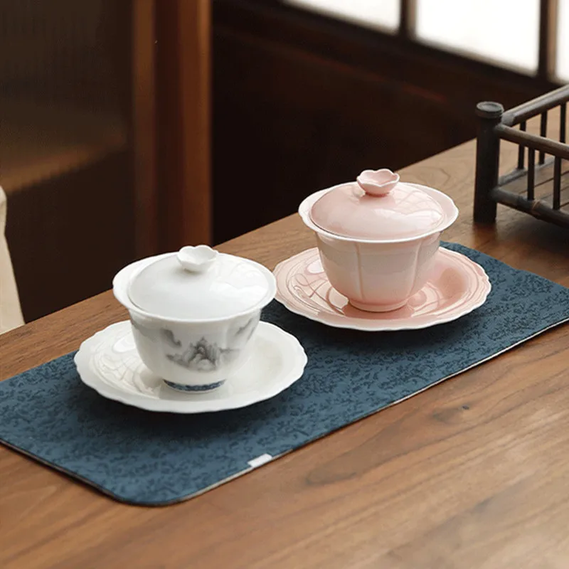 160ml Chinese Cherry Blossom Ceramic Gaiwan Handmade White Porcelain Tea Tureen Teacup Household Tea Bowl Portable Teaware