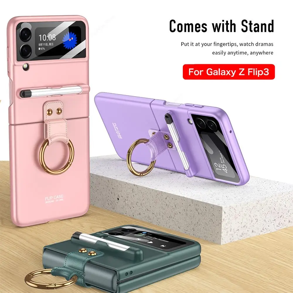 samsung galaxy z flip 3 5g case Ring Holder Case With Pen For Samsung Galaxy Z Flip 3 5g Full Cover  For Samsung Z Flip3 Non-fingerprint Case Anti-knock Funda samsung galaxy z flip3 case