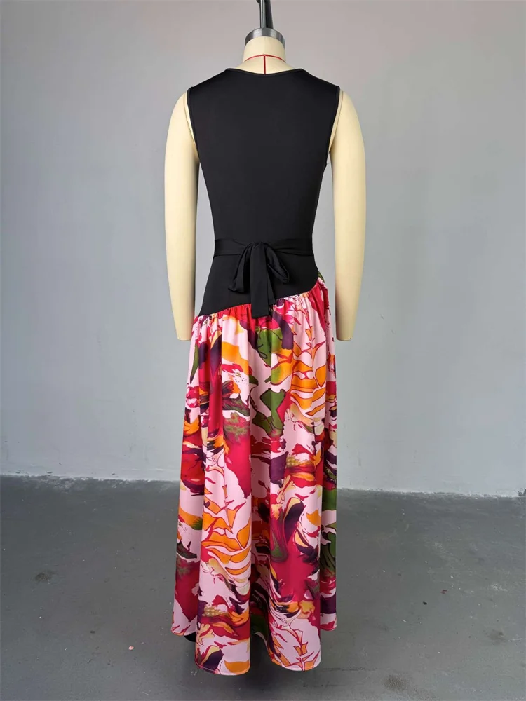 Wmstar Women Dresses for Women Sweet  Printed Round Neck Sleeveless High Waisted Bodycon Party Patchwork Long Dress 2025